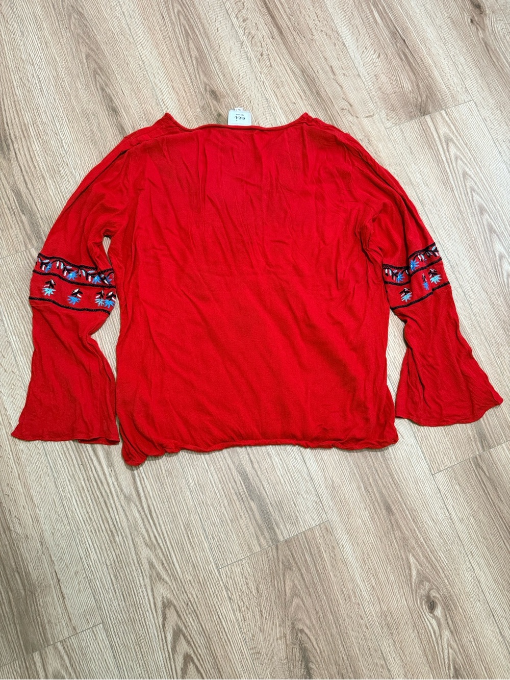 Red Embroidered Boho Peasant Blouse Women's XL Bell Sleeve Tassel Floral - Picture 2 of 6